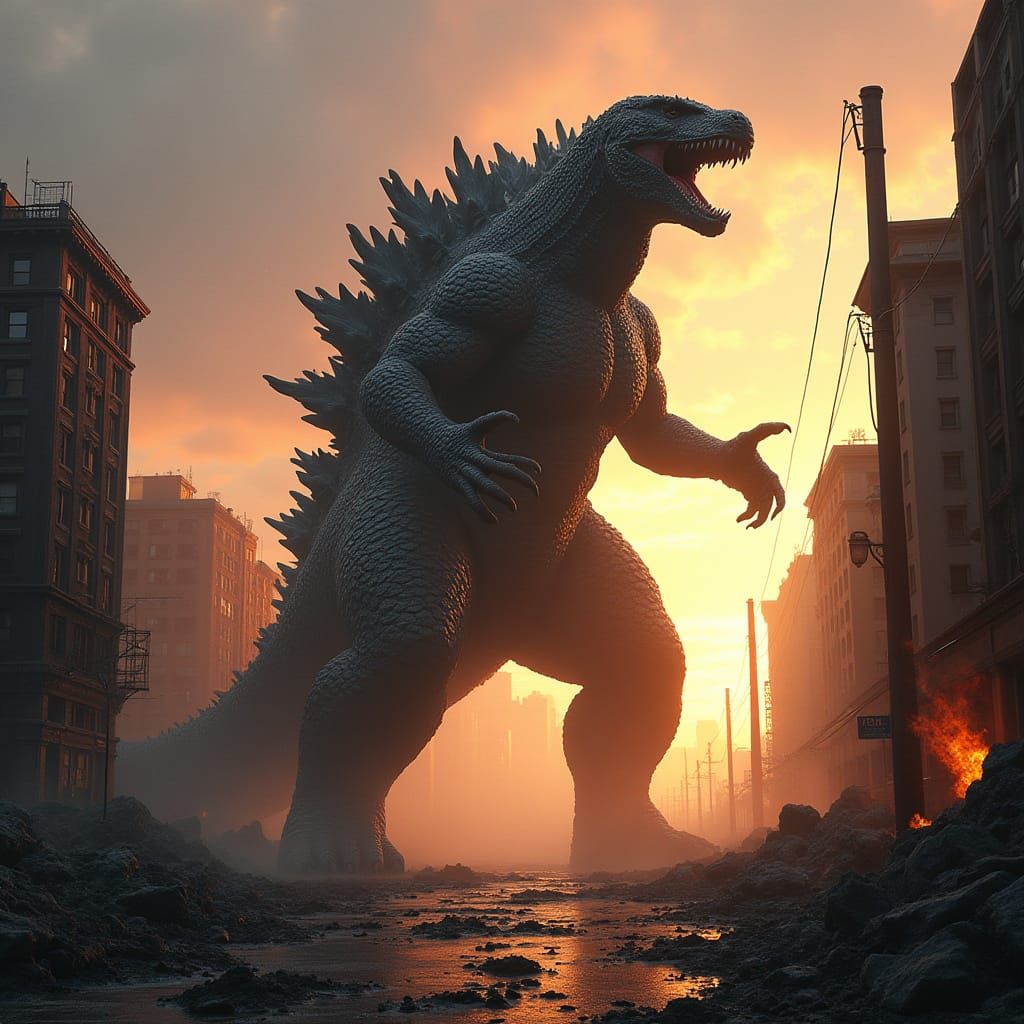 Godzilla Dominates Ruined Beacon Hill at Dusk