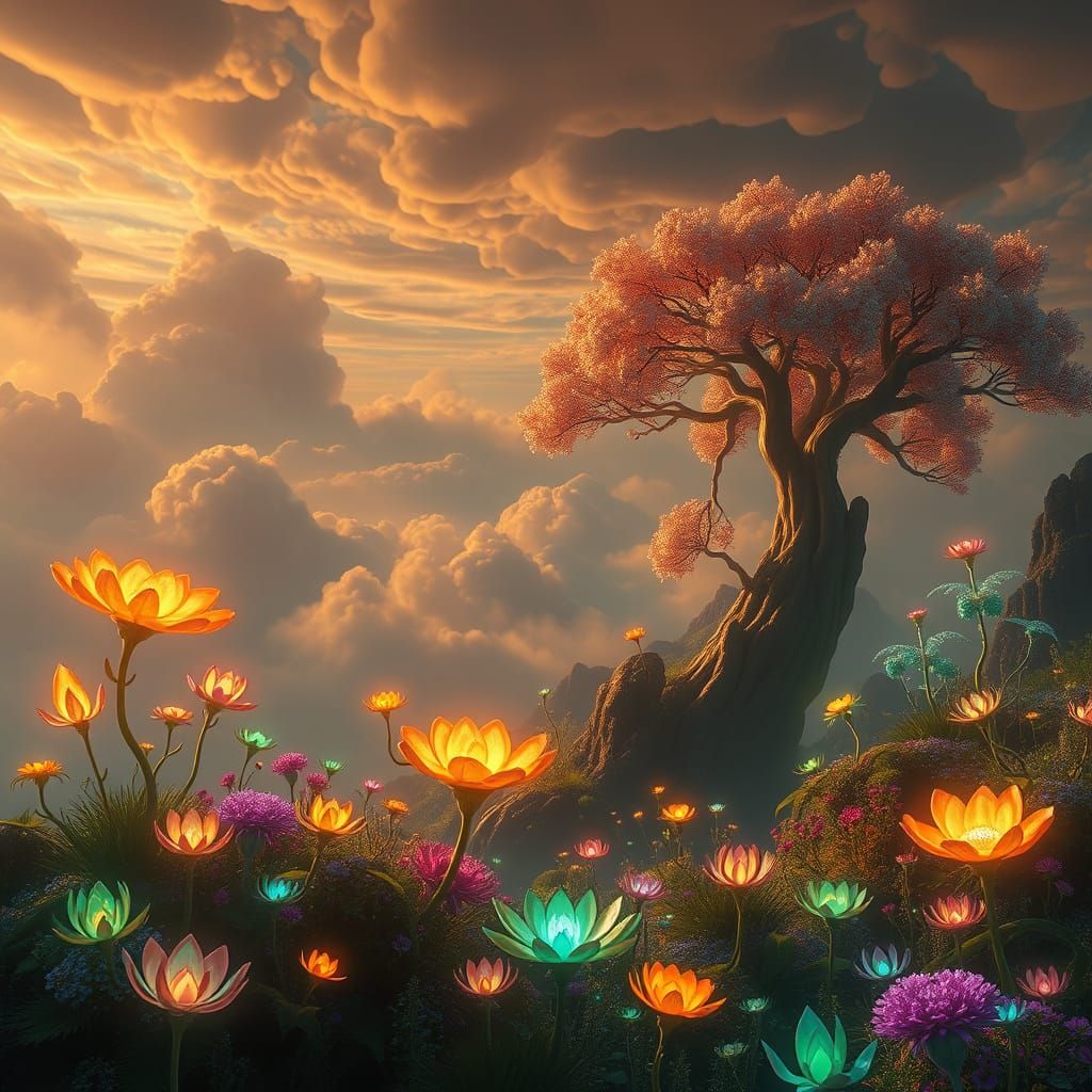 Surreal Dreamscape of Vibrant Fantasy Landscapes in Golden L...