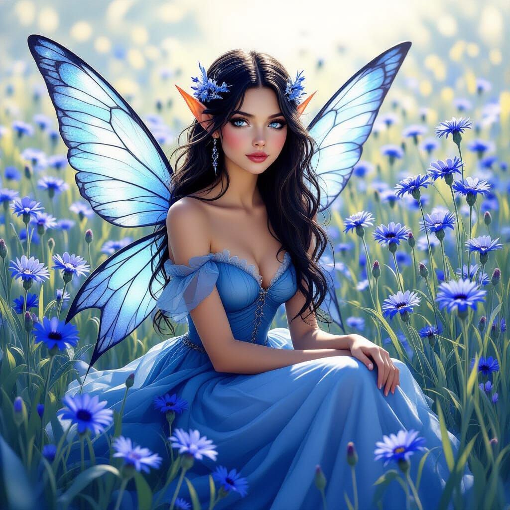 Fairy in Cornflower Field with Iridescent Wings
