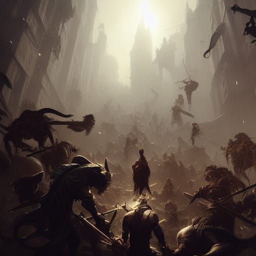 Adventurers Clash with Rat People: Dark Fantasy Art