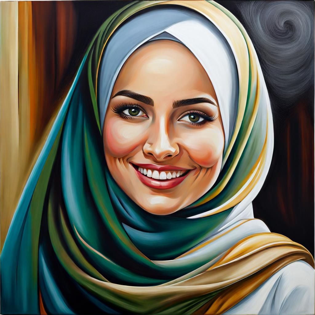 Elegant Woman in Hijab: Detailed Oil Painting