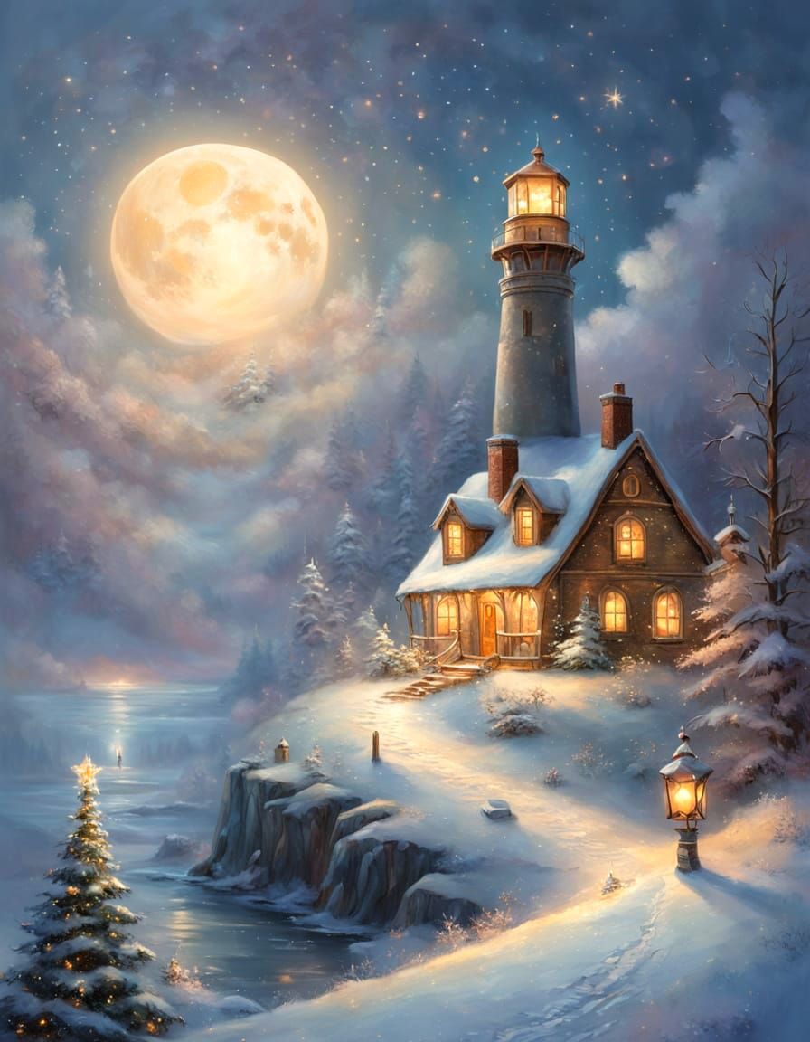 Ethereal Christmas Village with Lighthouse and Snowy Scene