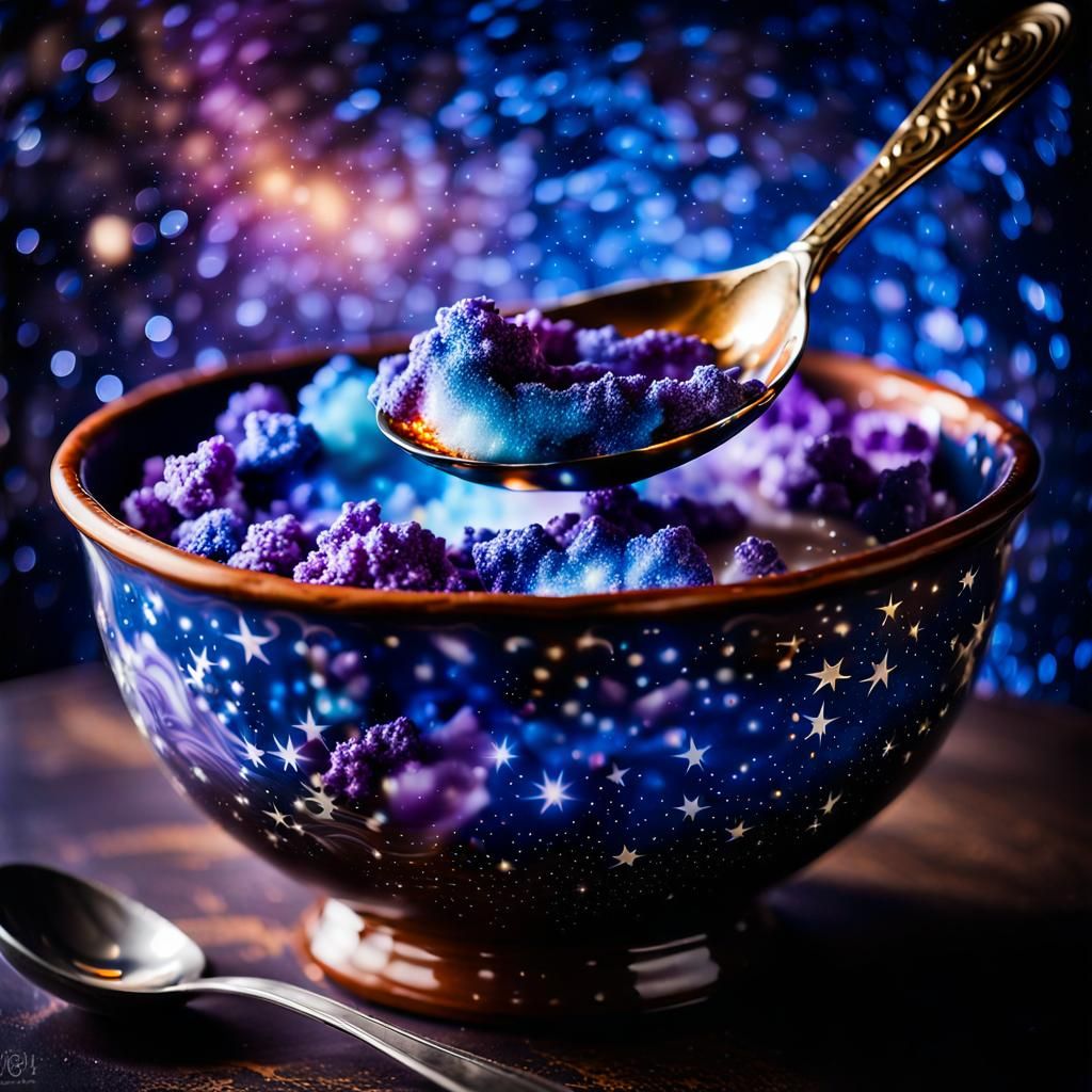the milky way galaxy in a bowl with spoon, ambient glow to d...