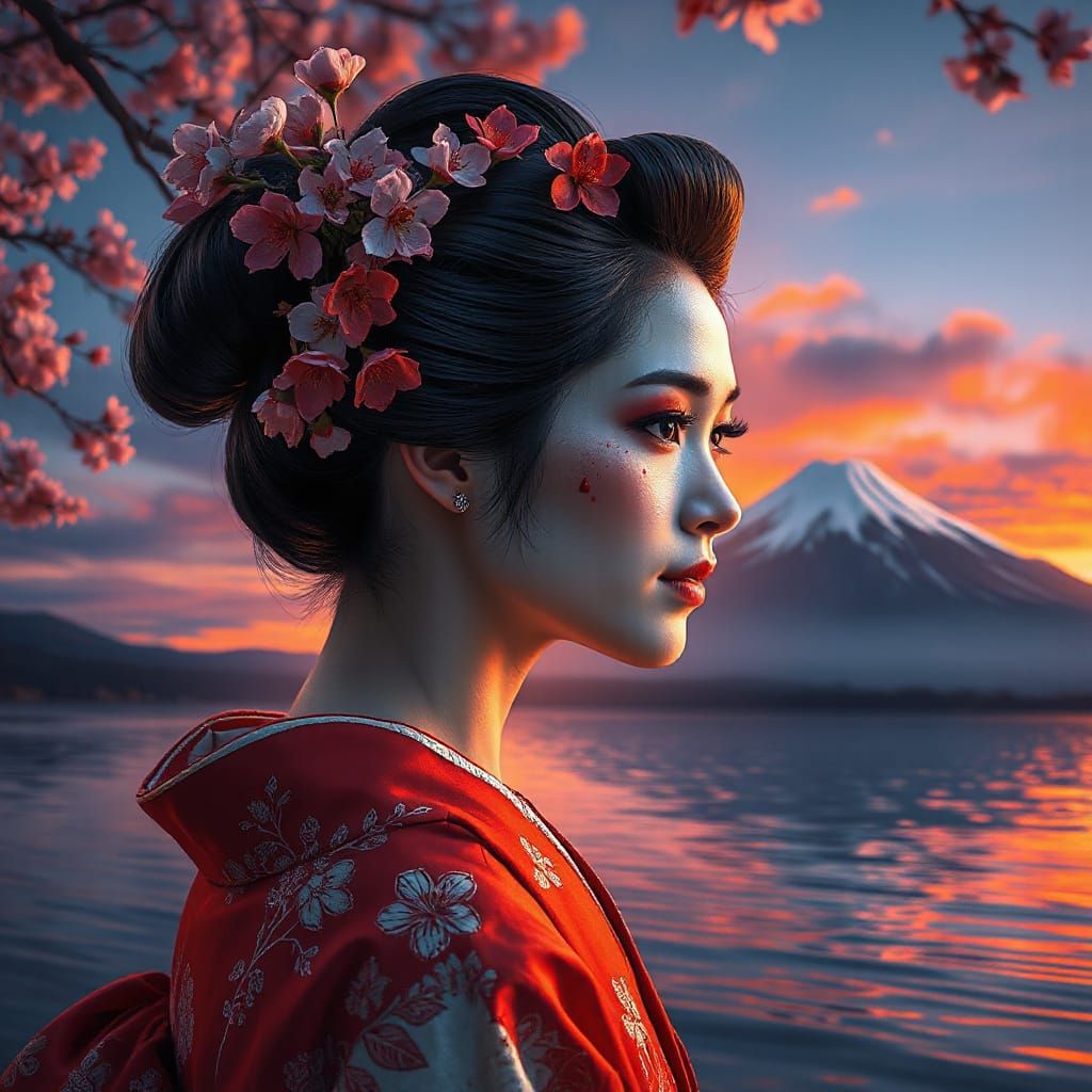Geisha's Poignant Beauty at Twilight with Mt. Fuji