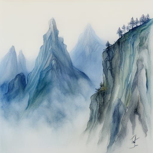 Blue Wizards Trekking Misty Mountains, Alan Lee Style
