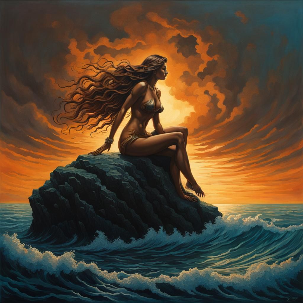 Siren on Ocean Rock in Detailed Splash Art Style