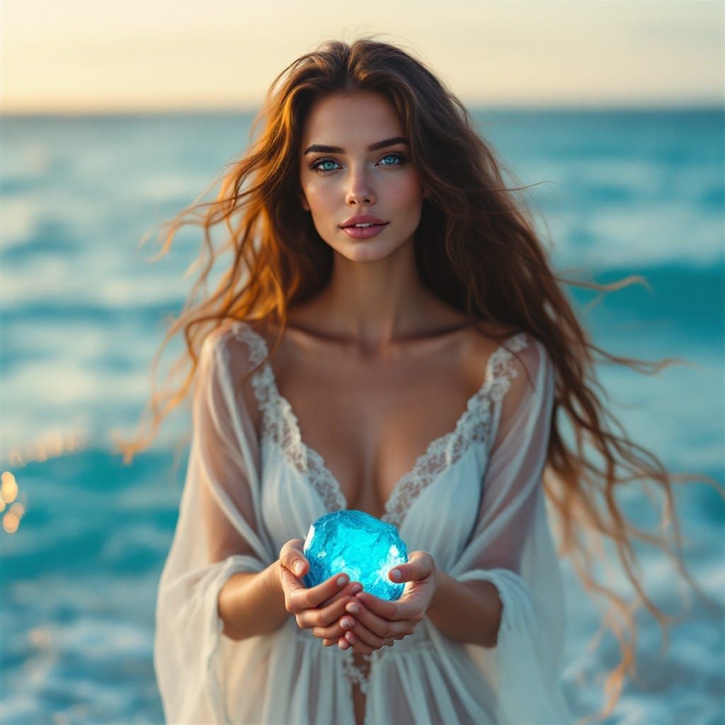 Ocean Goddess with Blue Rock: Cinematic Film Still