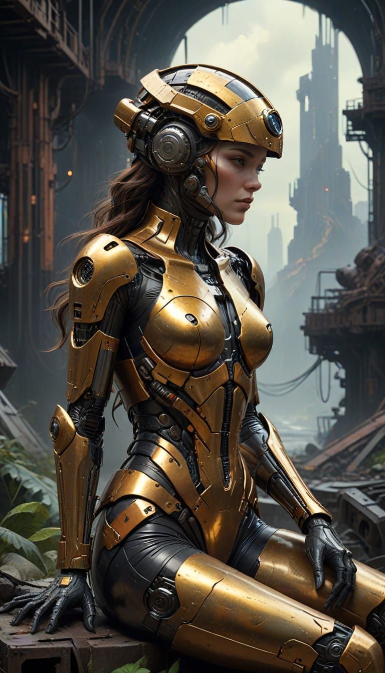 Cyberpunk Android Goddess in Post-Apocalyptic Ruins