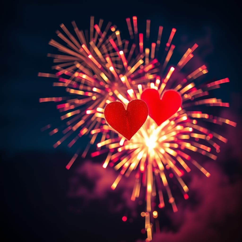 Red Hearts Erupt in Night Sky Fireworks Display