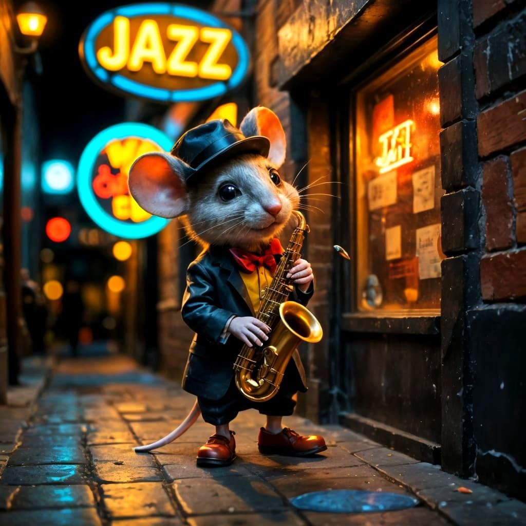 Mouse Saxophonist in Harlem Alley, Neo-Impressionist Style