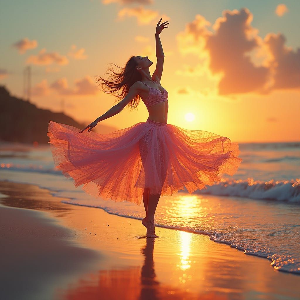 Ballerina in Vibrant, Abstract Sunset Scene