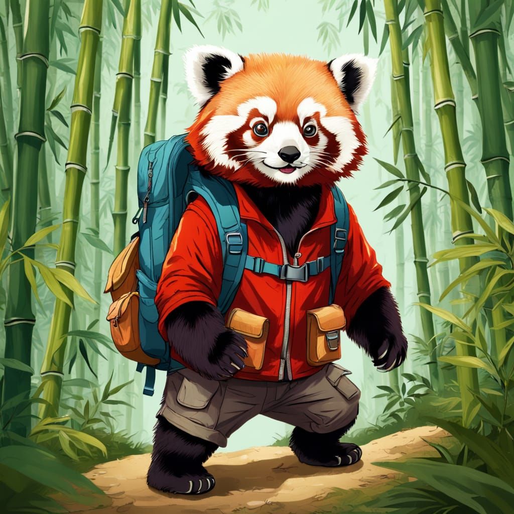 Red Panda Explorer in Bamboo Jungle with Tiny Backpack