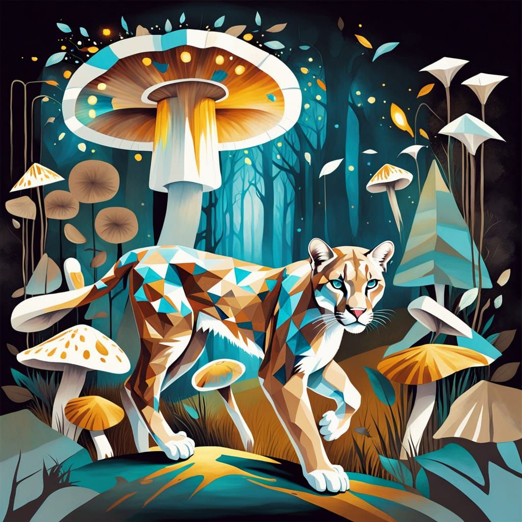 White Puma in Bioluminescent Mushroom Forest