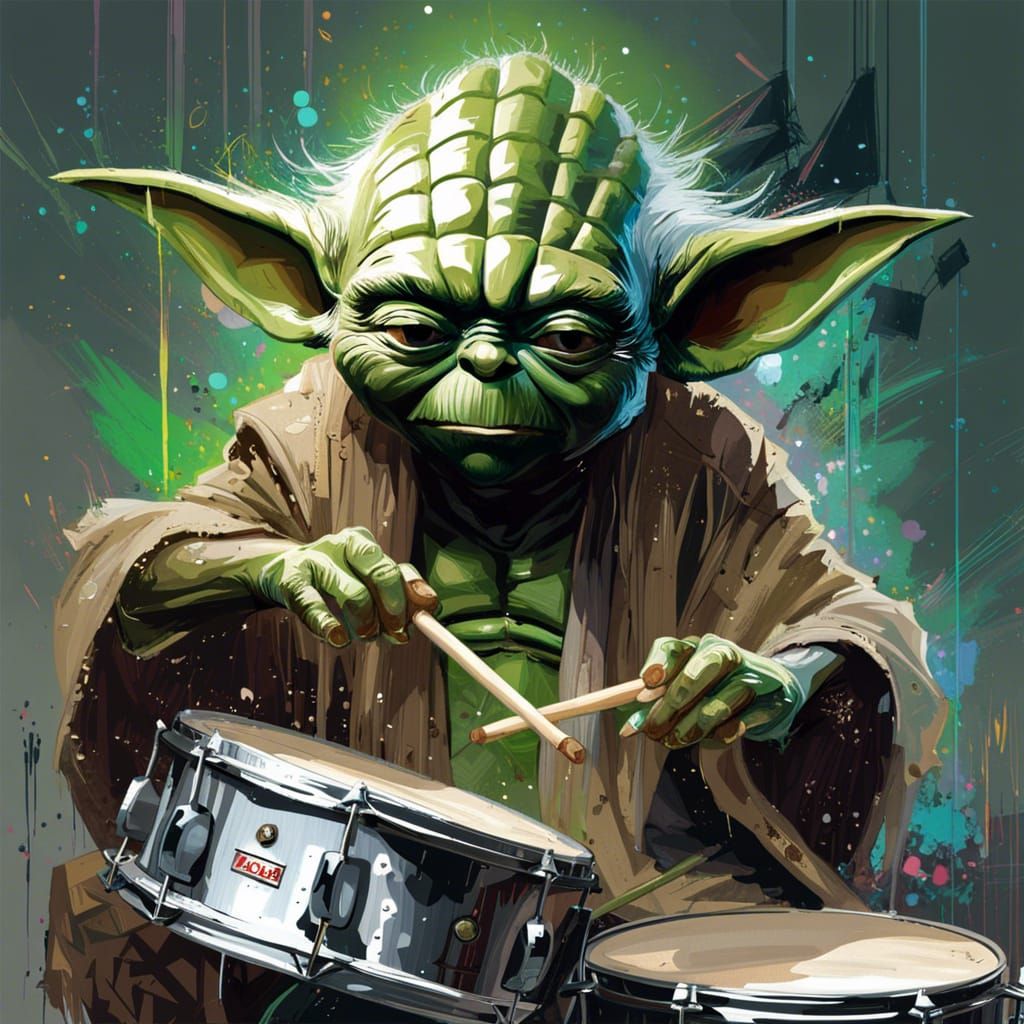 Yoda Shreds on Drums in Graffiti Art Style