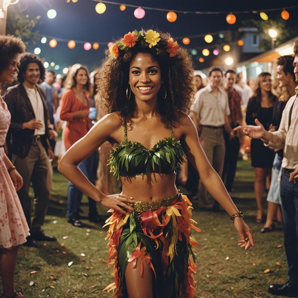 Hula Girl at Halloween Party: Cinematic Film Still