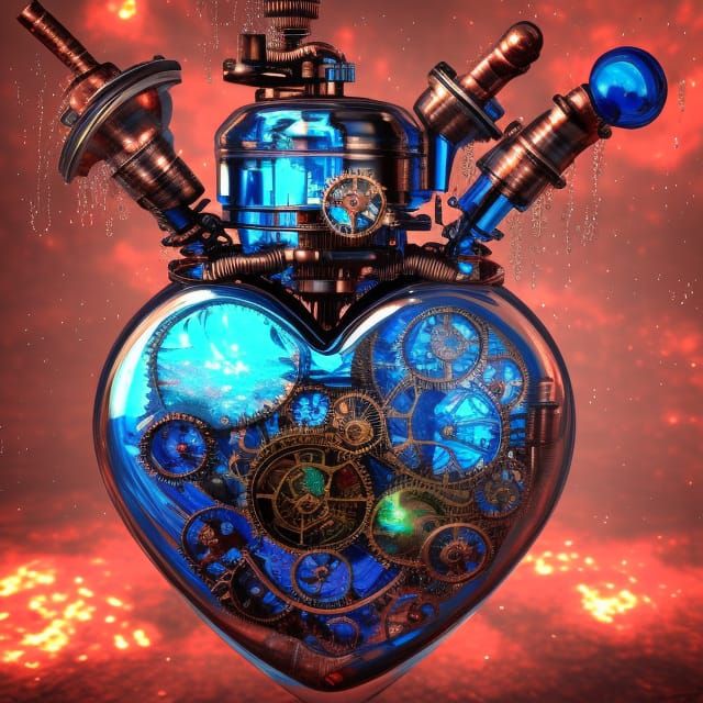 Steampunk Glass Heart with Intricate Machinery