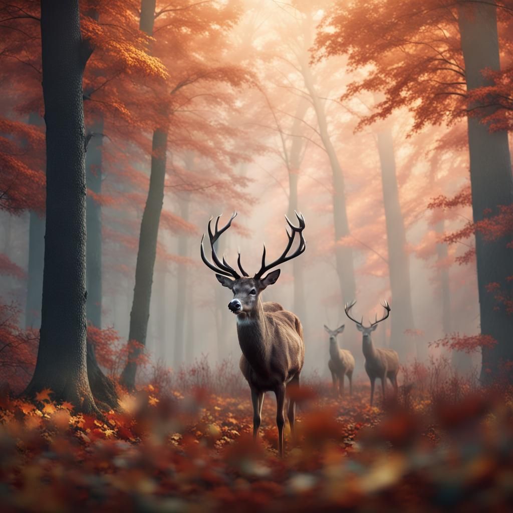 Wild Deer in Foggy Autumn Forest: Matte Painting