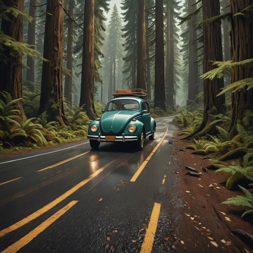VW Beetle Drives Through Redwood Forest Art