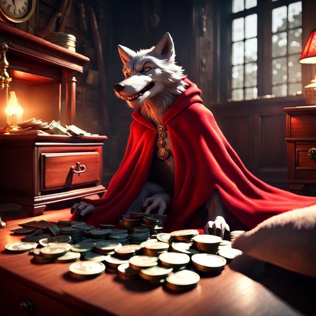 Laughing Wolf Finds Treasure: Furry Fantasy Art