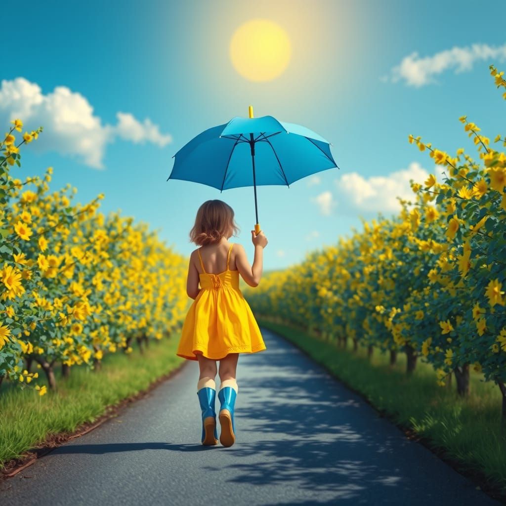 Girl Walks Country Road in Hyperrealistic Digital Art