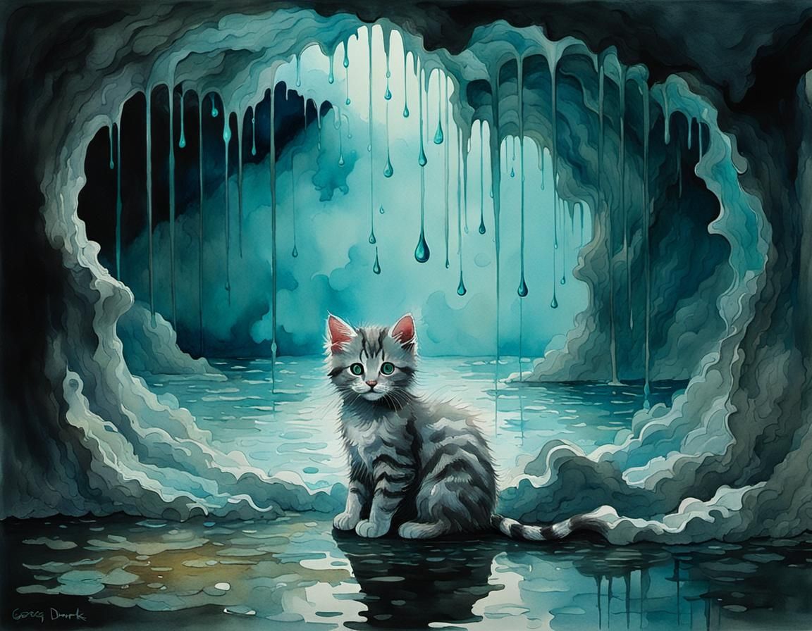 Abstract Watercolor Kitten in Turquoise Shadows