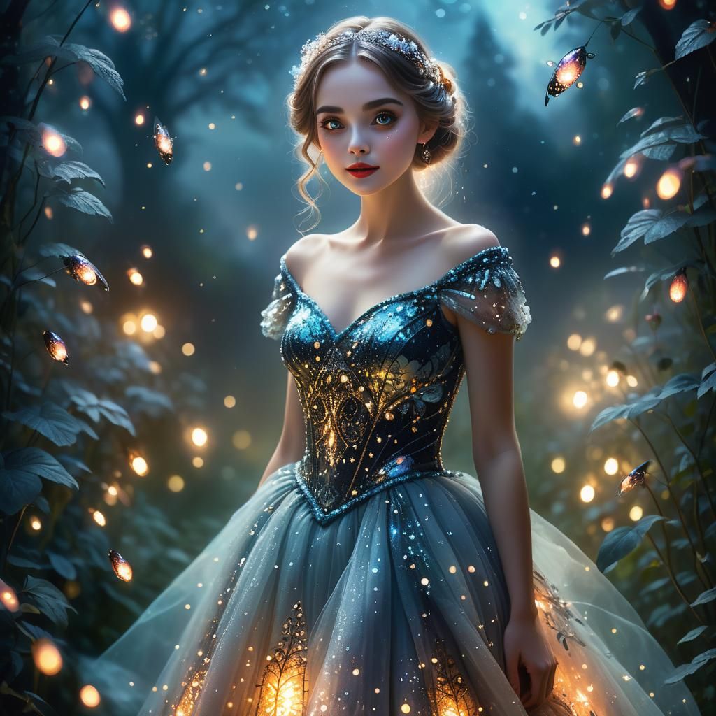 Ethereal Woman in Moonlit Garden: Fantasy Digital Art