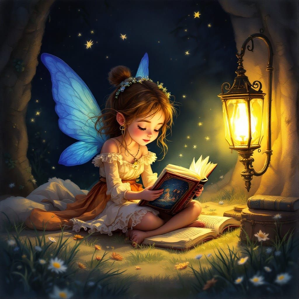 Fairy Reading a Book by Lamplight
