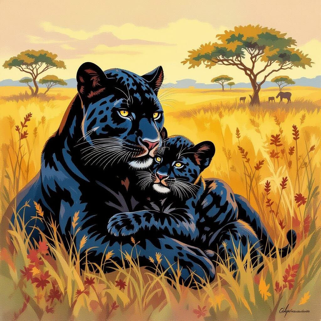 Panther Cub Cuddles Parents: Wildlife Art