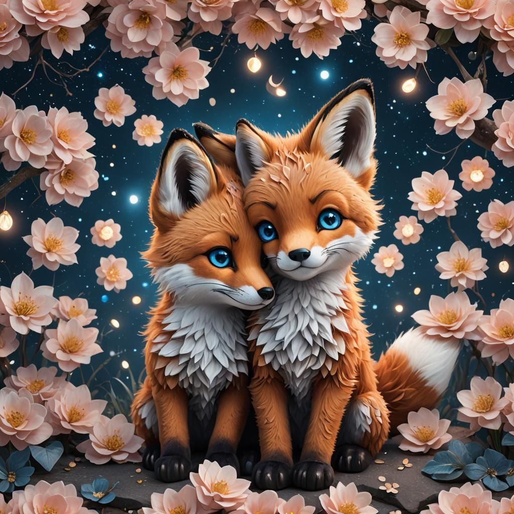Cute Fox Hugging Plushie in Magical Night Scene