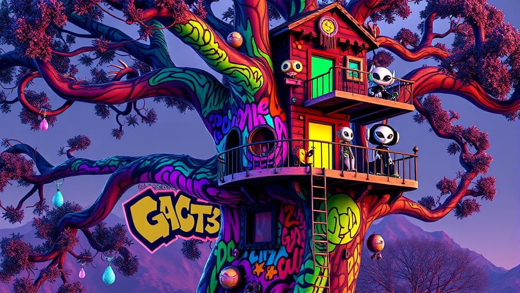 Vibrant Graffiti Treehouse Scene in Hyper Realistic Style