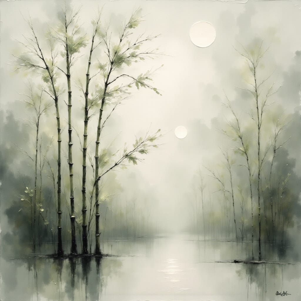 Minimalist Bamboo Stalk in Morning Mist, Impasto Oil Paintin...