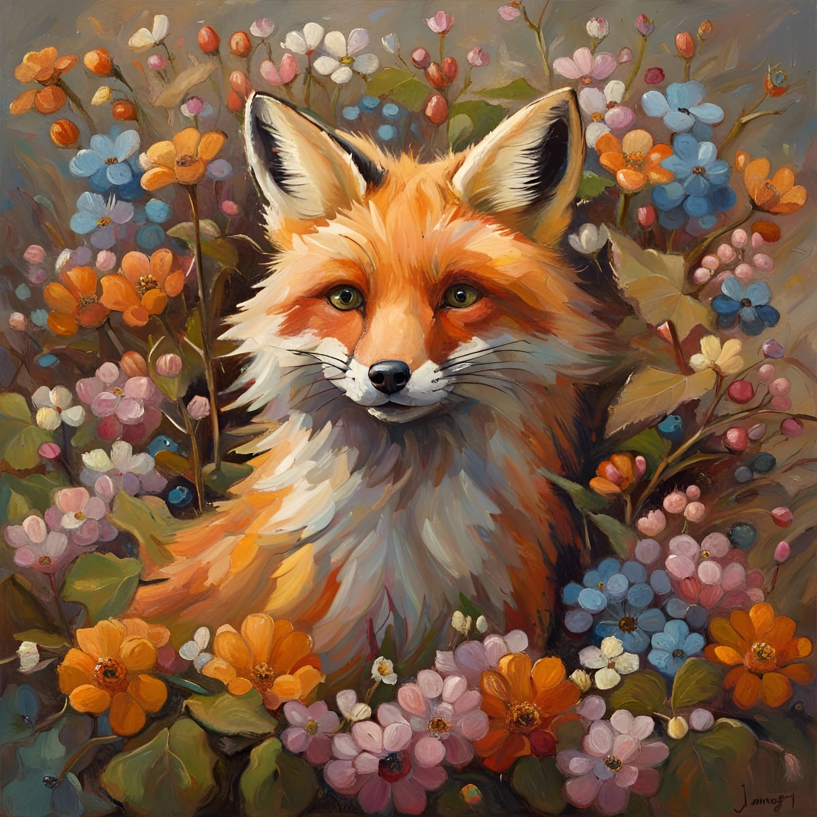 Fox Covered in Flowers: An Oil Painting