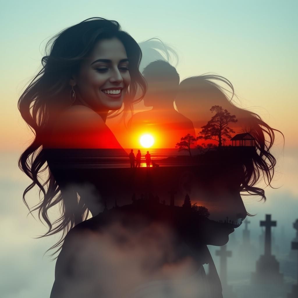 Surreal Double Exposure: Family, Sunrise, Cemetery