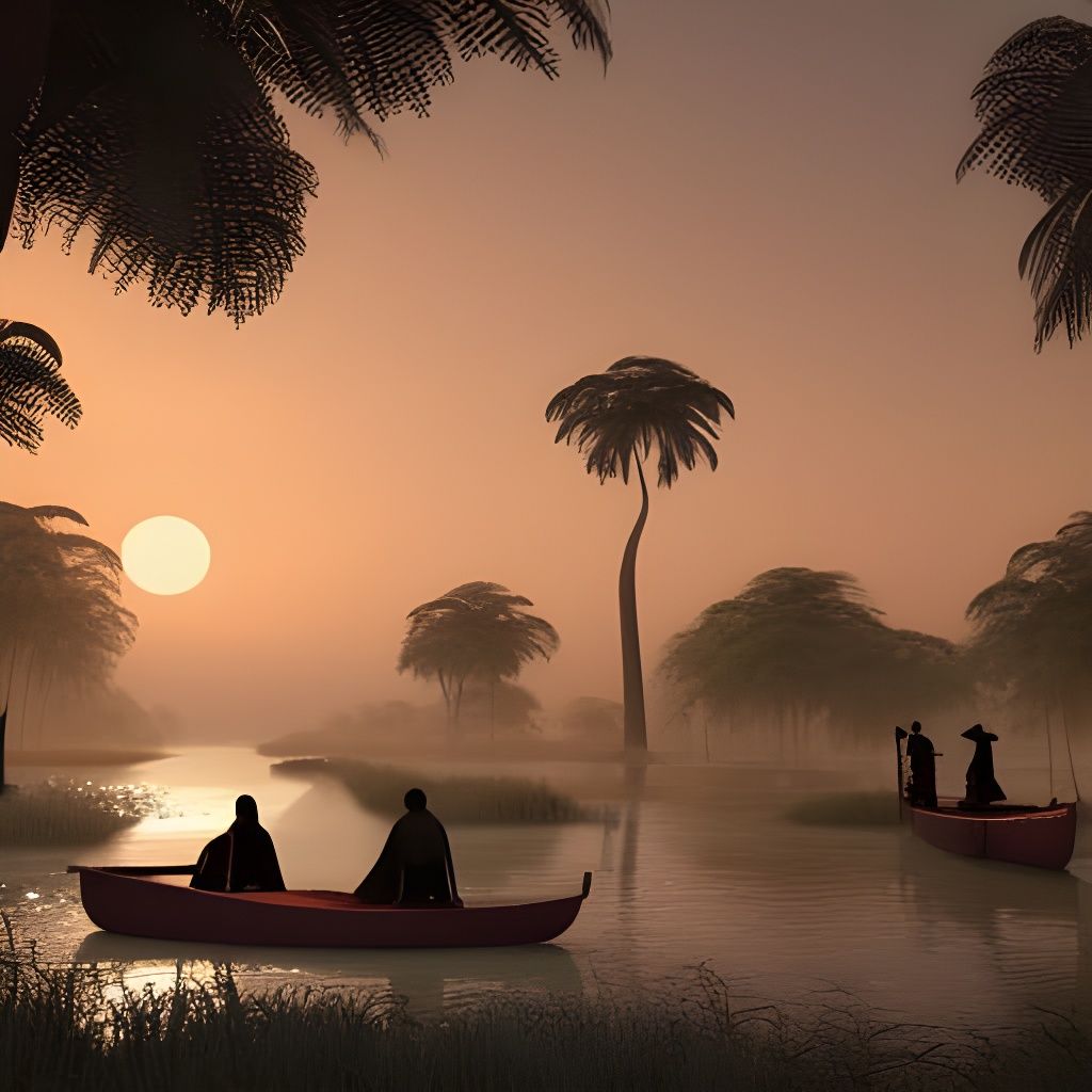 Sunset in West Africa: Riverside Village Scene