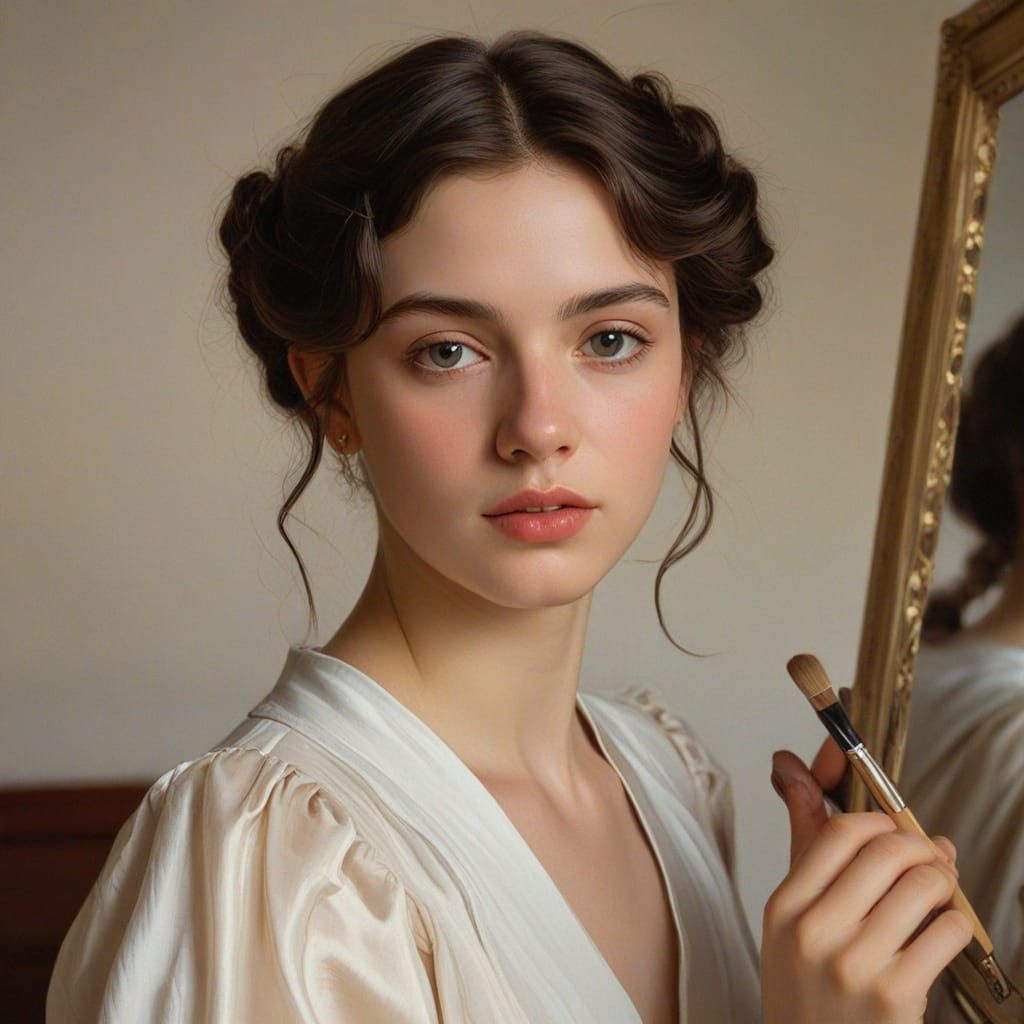 Classical Oil Portrait of Woman Applying Makeup