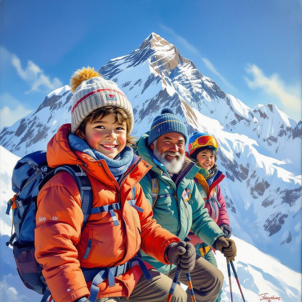 Boy's Everest Climb, Oil Painting Style