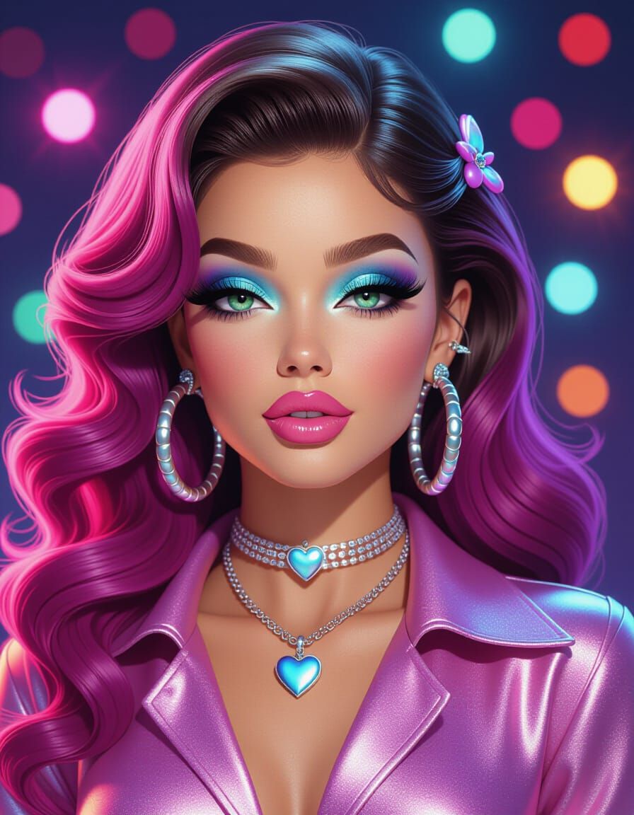 1977 Disco Woman Portrait with Pink Hair and Green Eyes