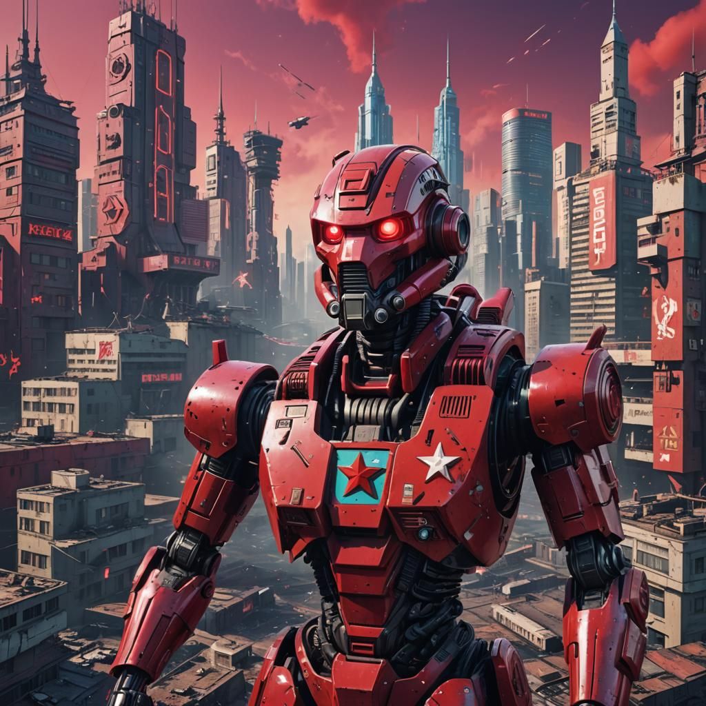 Soviet War Robot in Retro Synthwave Cityscape