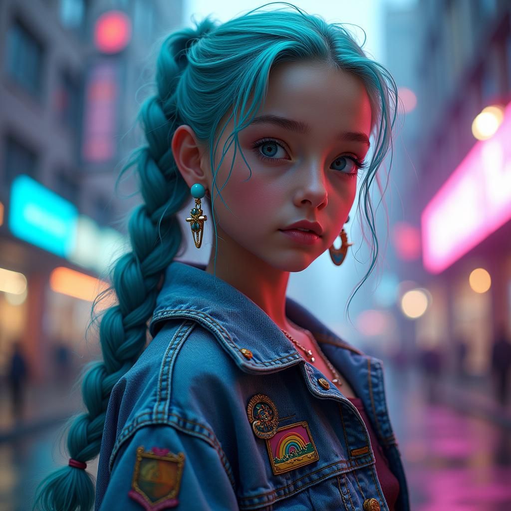 Confident Girl with Turquoise Hair in Futuristic Setting