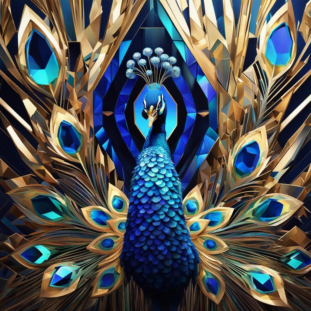 Luminous Peacock in Art Deco Geometric Vector Art