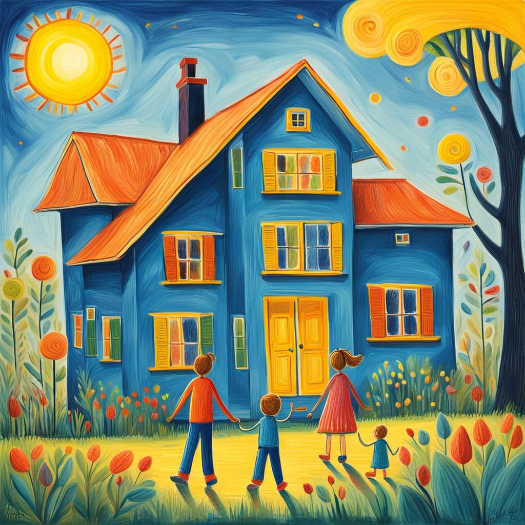 Playful Crayon Drawing: Happy Stick Figure Family