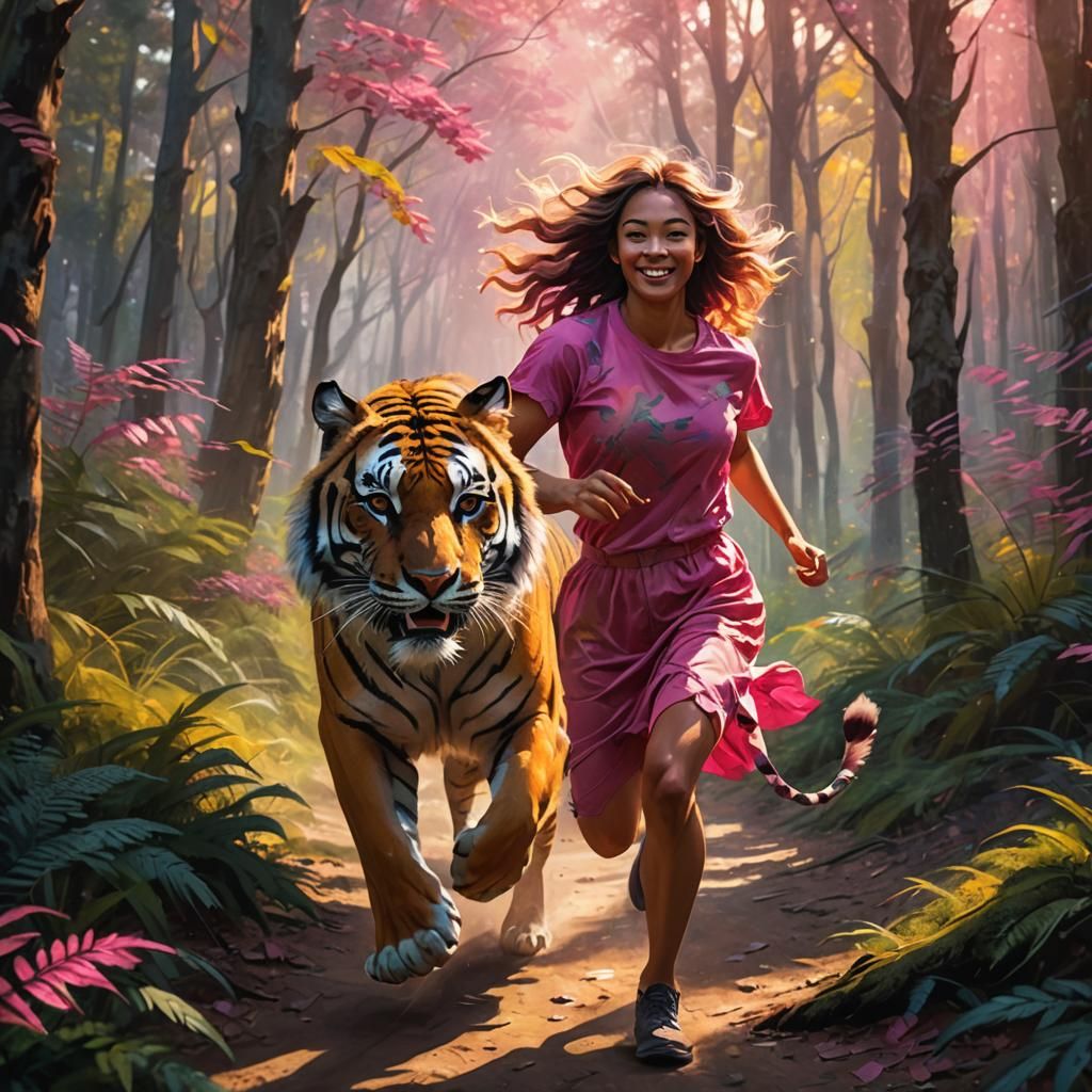 Girl Runs with Pink Tiger in Oil Painting