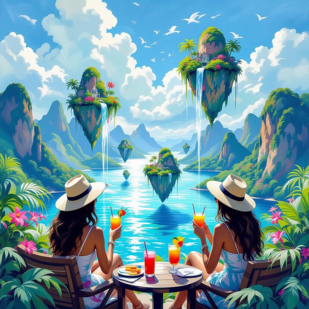 Floating Tropical Islands Above Earth in Van Gogh Style