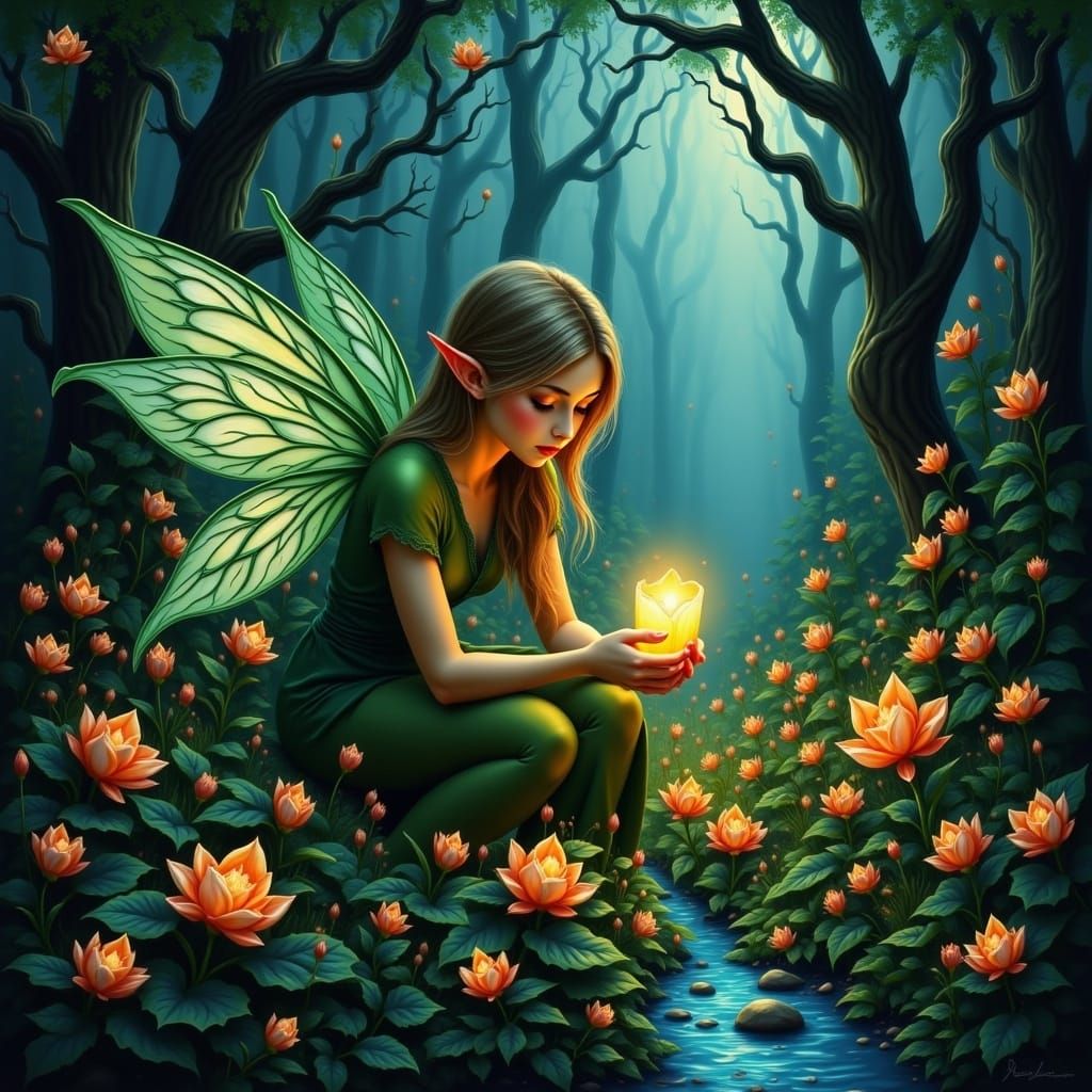 Fairy Elf in an Enchanted Garden of Glowing Flowers and Magi...