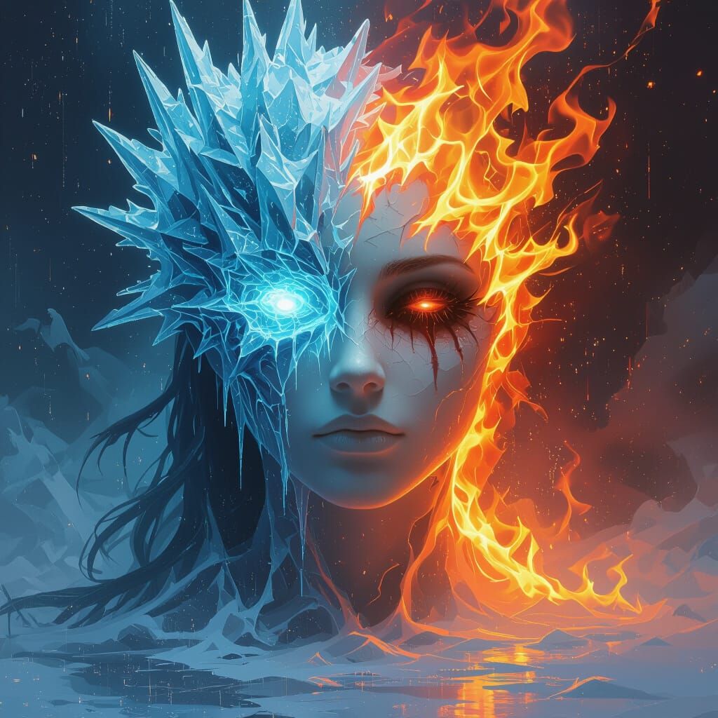 Goddess of Ice and Fire Dissolving into Digital Static