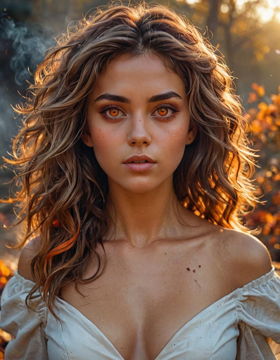 Photorealistic Princess with Glowing Eyes at Sunset