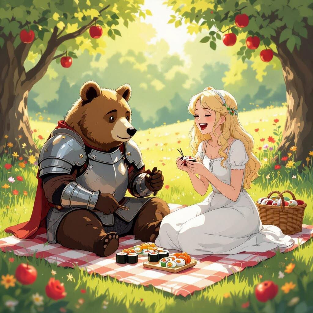 Enchanting Picnic with Bear in Anime Style
