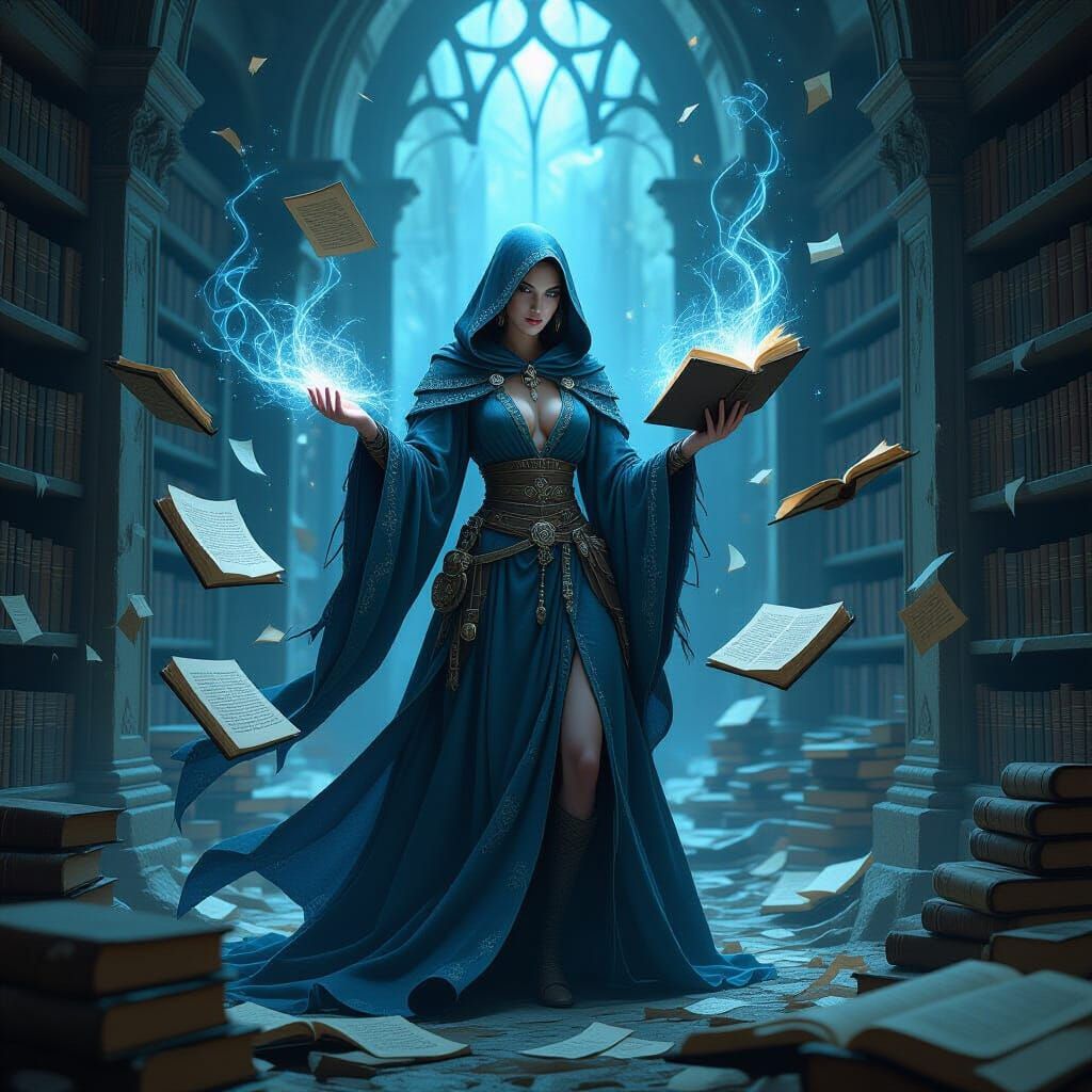 Elven Sorceress in Cosmic Library: Dark Fantasy Art