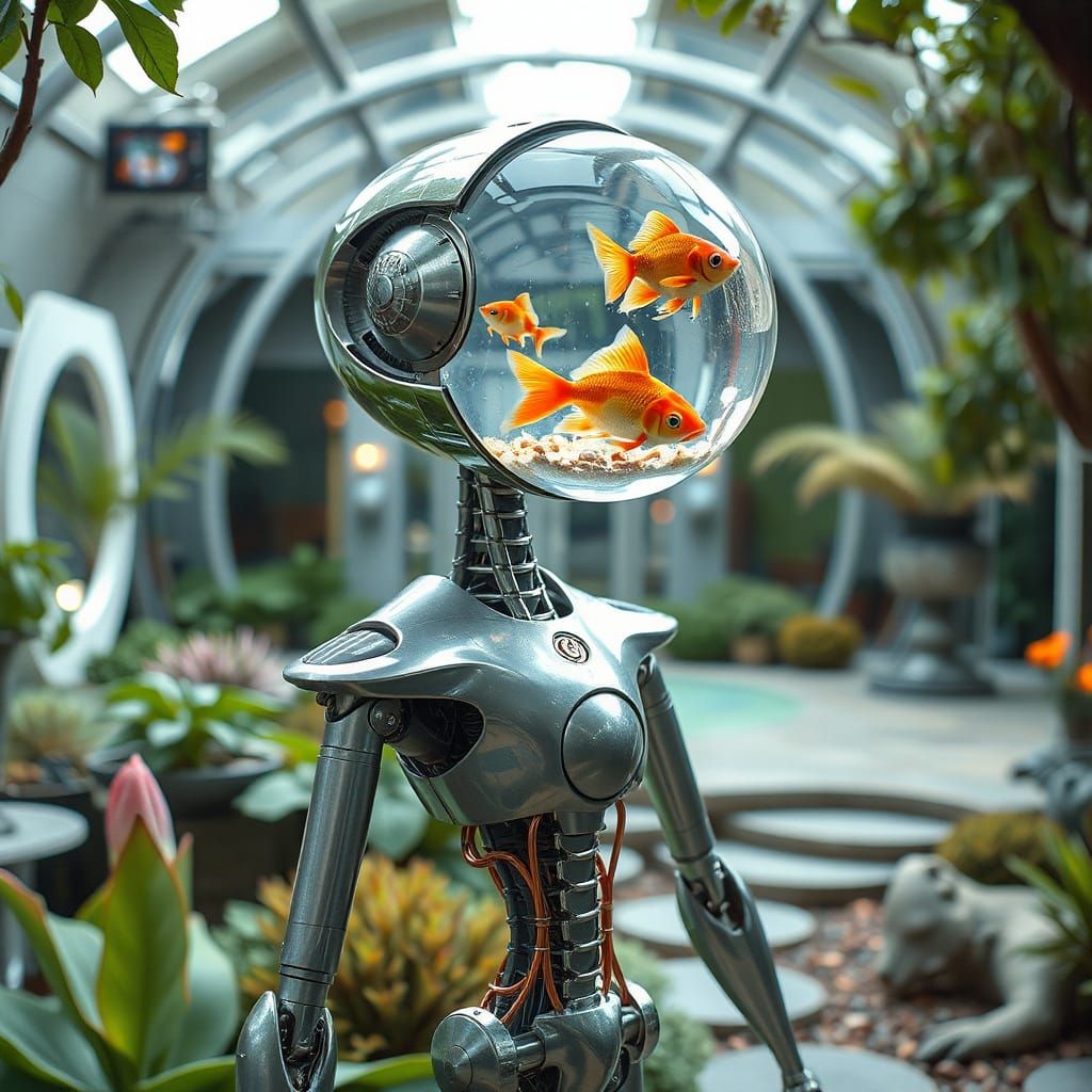 Futuristic Robot with Aquatic Head in a Neo-Futurist Garden