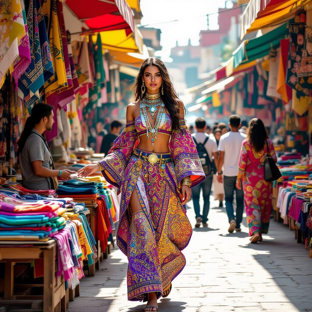 Hyperrealistic Woman in Futuristic Bazaar, Vivid Colors